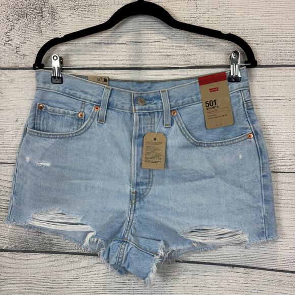 Levi's Women's 501 Light Wash Distressed High Waisted Denim Shorts Size 30 - Picture 2 of 10